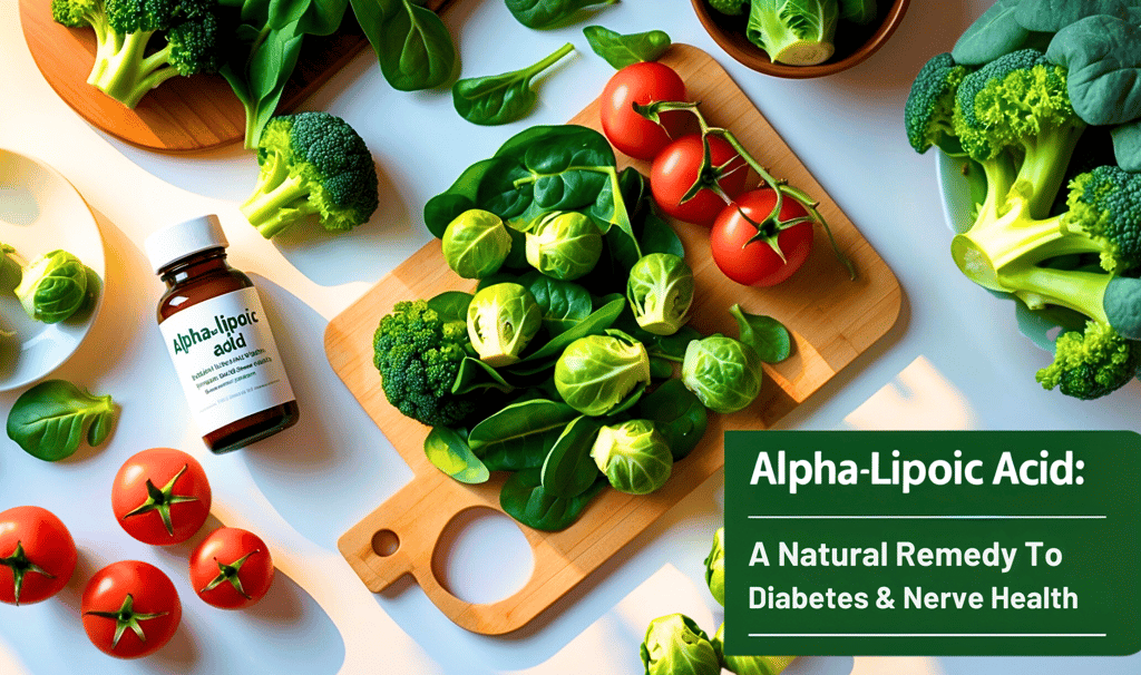 Alpha-lipoic acid supplement surrounded by spinach and veggies for diabetes health.