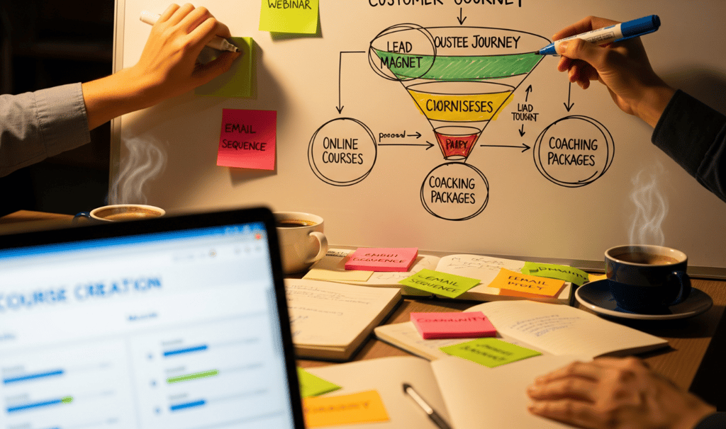 Hands draw a customer journey flowchart with a funnel diagram on a whiteboard.