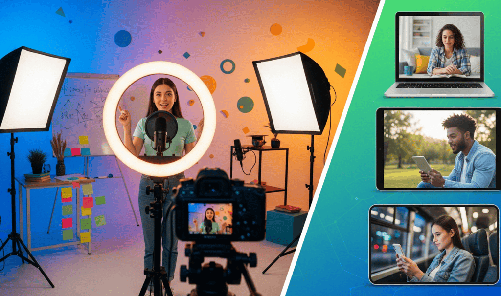 A split-screen shows a content creator filming and students watching on various devices.