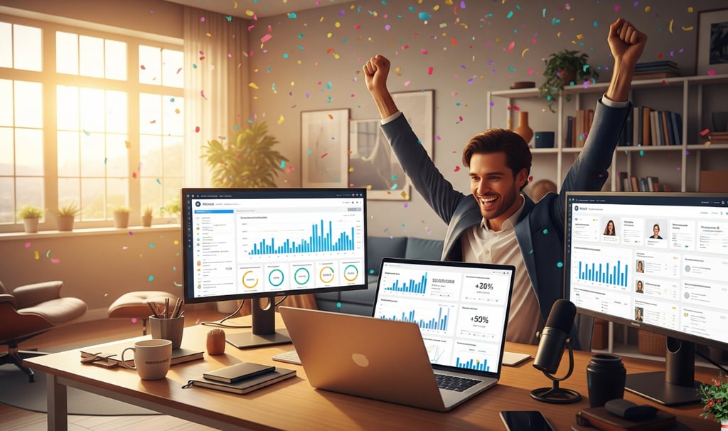 A man celebrates in a home office with confetti while looking at a laptop showing charts.