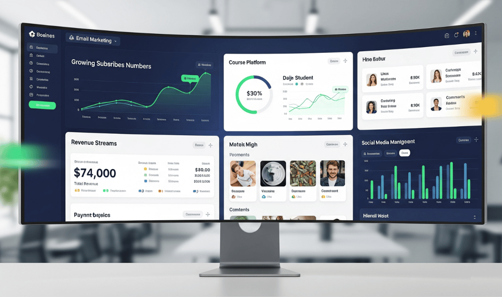 A modern dashboard displays integrated business analytics and performance metrics.