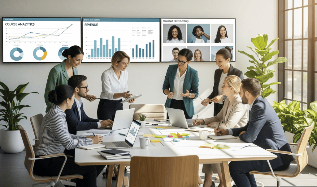 A group of diverse professionals collaborates around a table in a modern office with large screens.