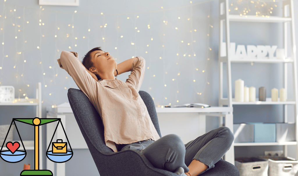 a woman relaxing on a chair with a work life balance scale by her side