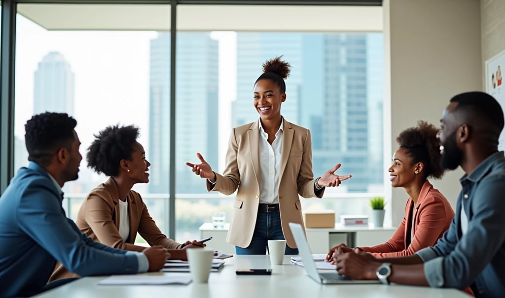 a woman in a business suit is standing in front of a group of people and communicating