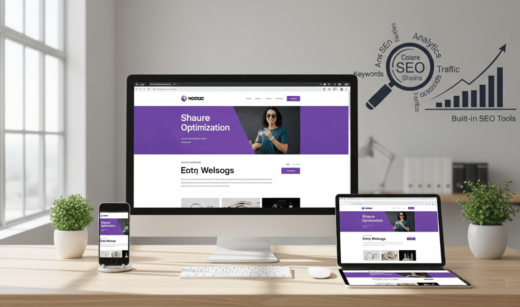 Responsive website with SEO icons on desktop, tablet, and phone.