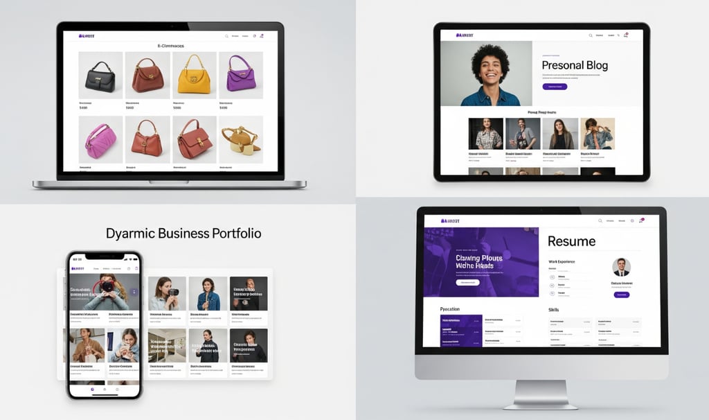 Collage of various website types on multiple devices in purple-white theme.