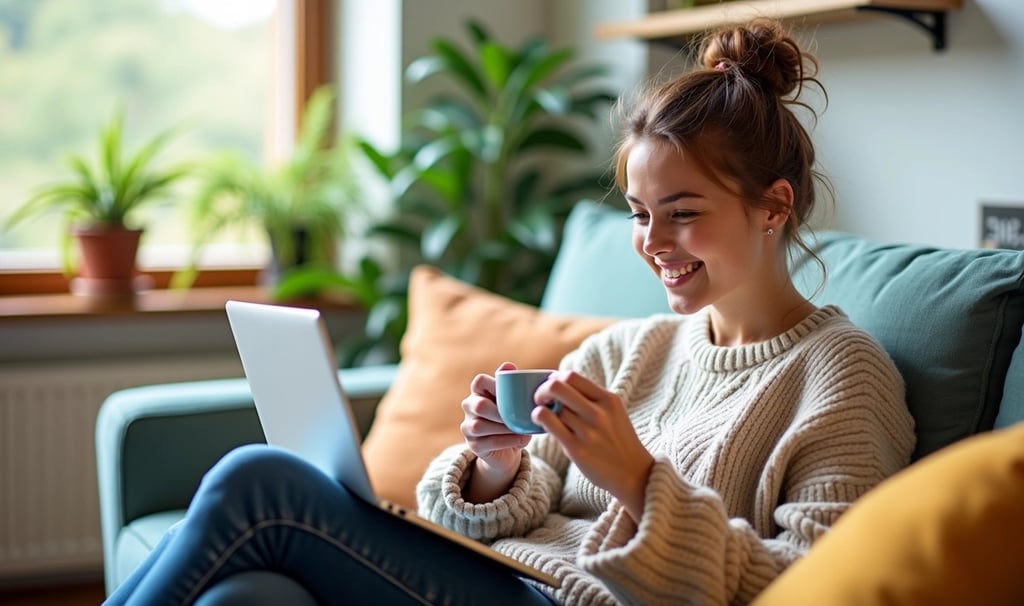 a woman sitting on a couch with a laptop and a cup of coffee