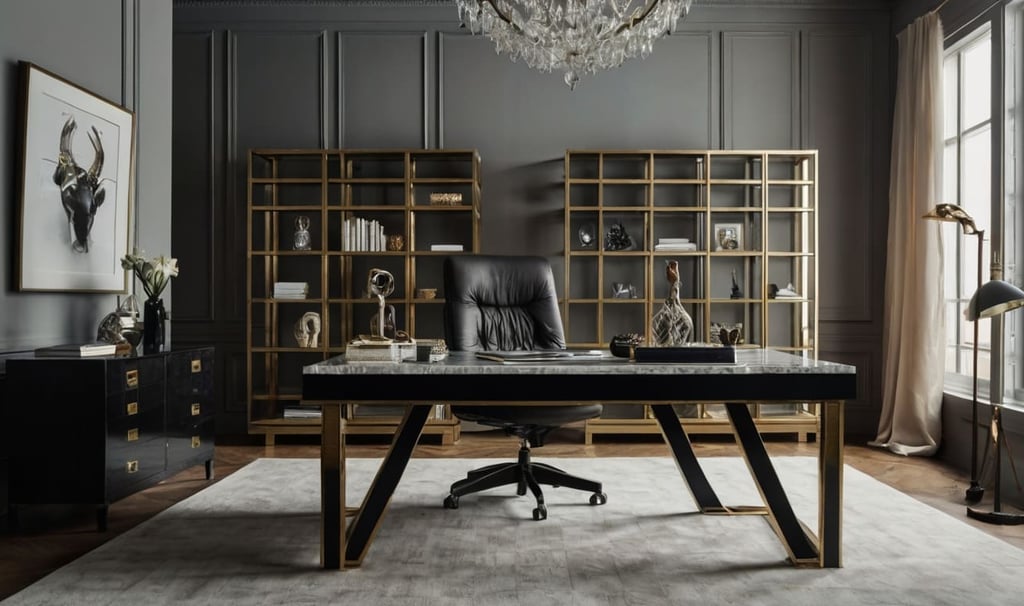 Espaço multifuncional com sofá cinza, mesa de madeira escura e elementos decorativos em dourado.
