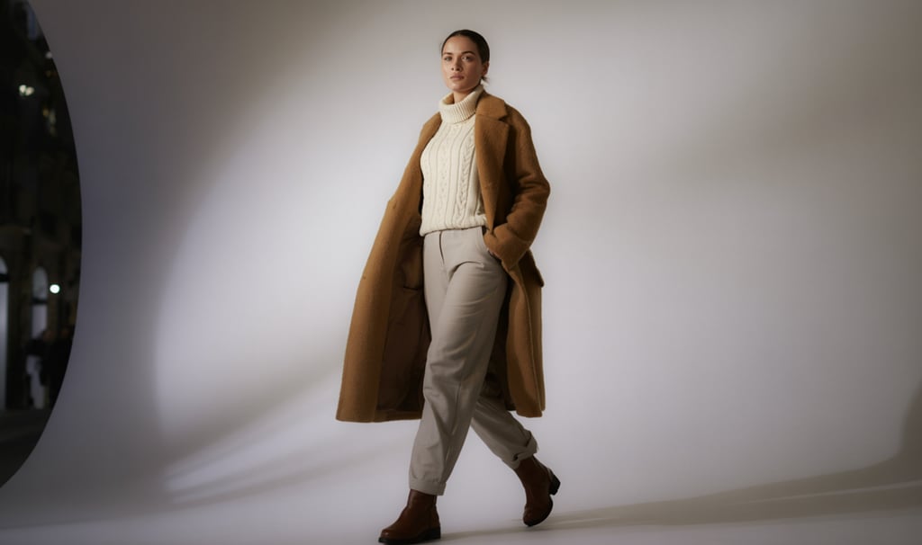 A woman walking on a city street wearing an Old Money winter outfit