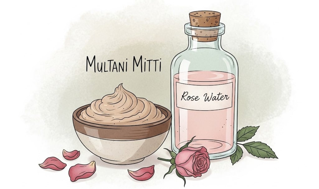 a bottle of rose water with a bowl of multani mitti
