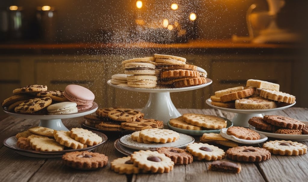 A beautifully arranged assortment of freshly baked cookies on a rustic wooden table. The display inc