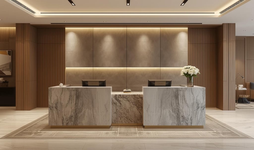 Luxury modern reception desk in Muscat by Royal Real Touch Office Furniture, designed for profession