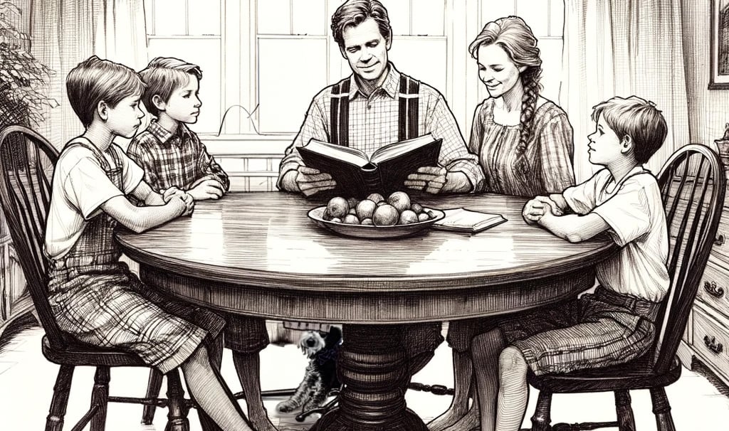a family gathering around a table with a dog