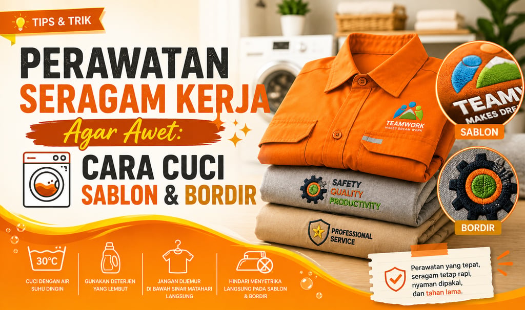 Tips perawatan seragam kerja, cara mencuci pakaian sablon dan bordir agar awet tahan lama.