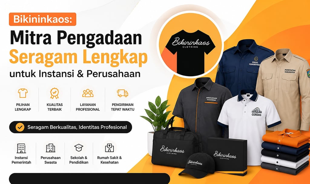 Jasa konveksi seragam custom untuk instansi dan perusahaan dengan berbagai pilihan desain kemeja serta kaos berkualitas.