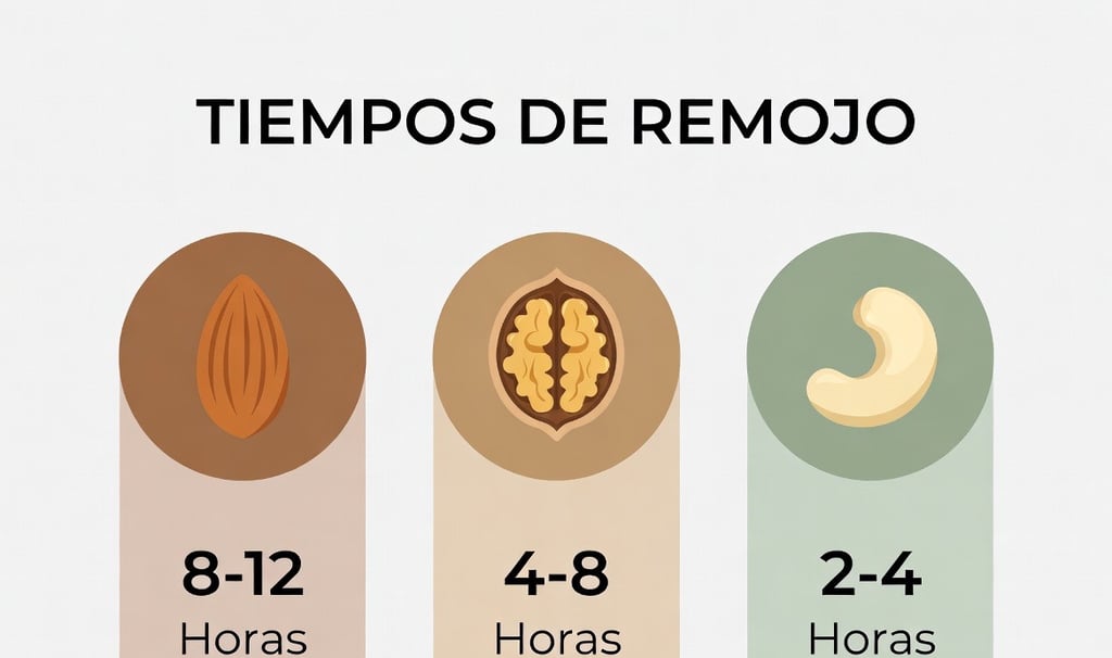 Gráfico minimalista con iconos de almendras, nueces y anacardos mostrando sus horas de remojo