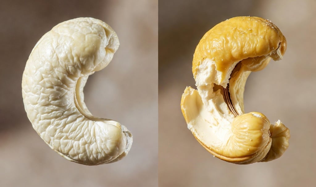 Extreme close-up food photography. Split screen or side-by-side. Left side: A perfect, white, firm s