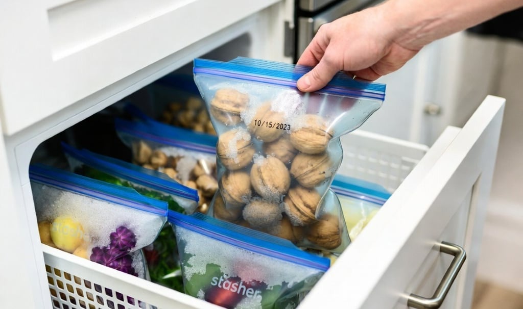 Bolsa de silicona reutilizable llena de nueces etiquetada con la fecha, siendo guardada en el cajón del congelador