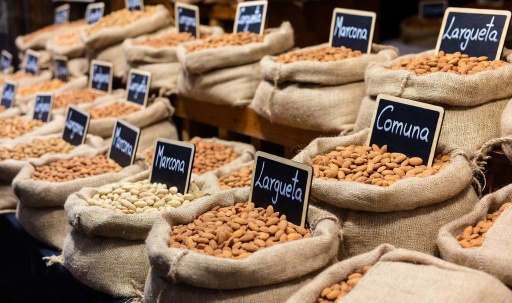 Sacos de yute con diferentes variedades de almendras a granel en un mercado tradicional español con carteles de precios