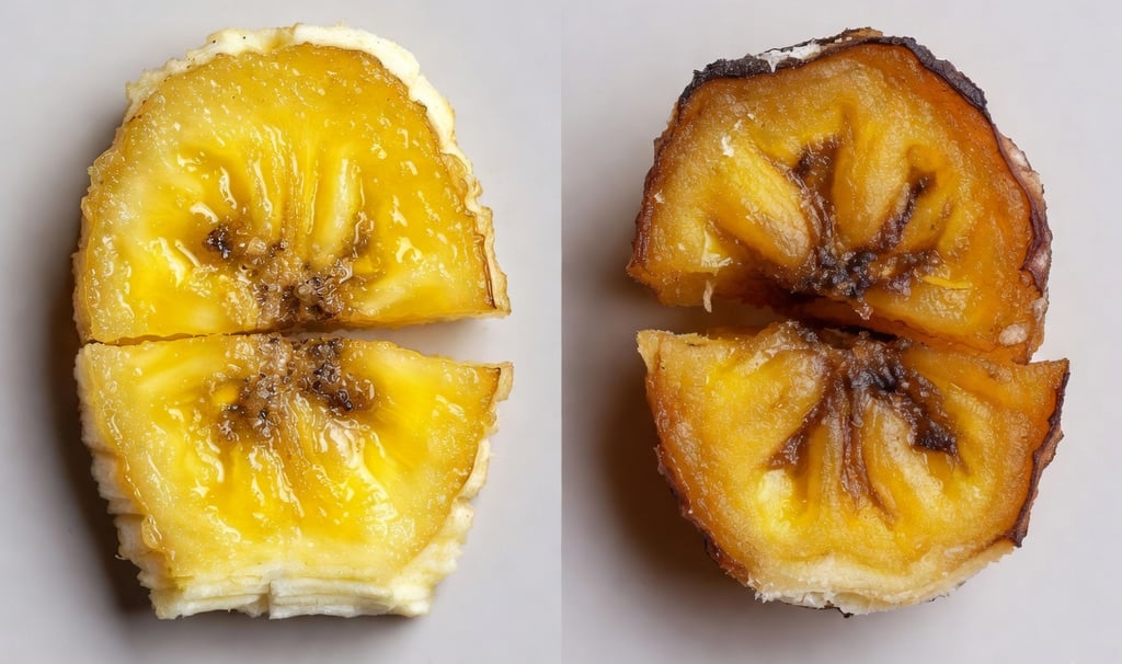 Mano sosteniendo un chip de plátano frito y duro, al lado de un trozo de plátano deshidratado flexible y gomoso