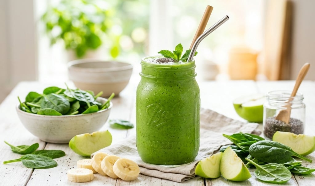 Vaso de cristal con un batido verde brillante y cremoso, rodeado de hojas de espinaca fresca, plátano y manzana verde
