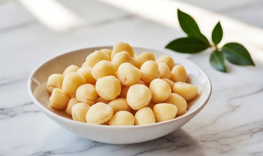 Bol de cerámica con nueces de macadamia redondas y color crema sobre una superficie de mármol - Raw Rico