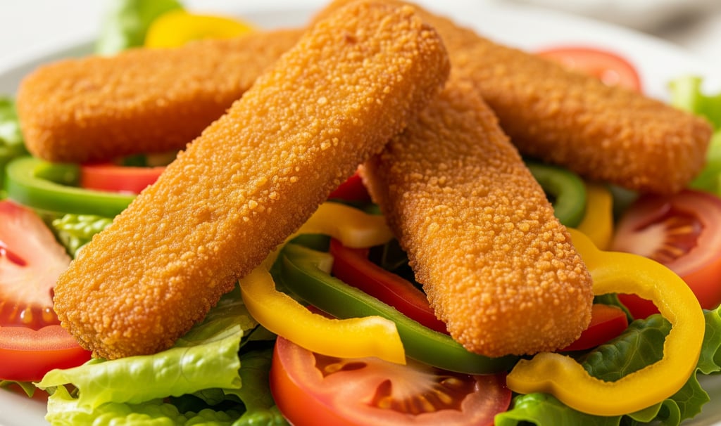 Palitos de pescado veganos, dorados y crujientes, servidos sobre una ensalada fresca con lechuga
