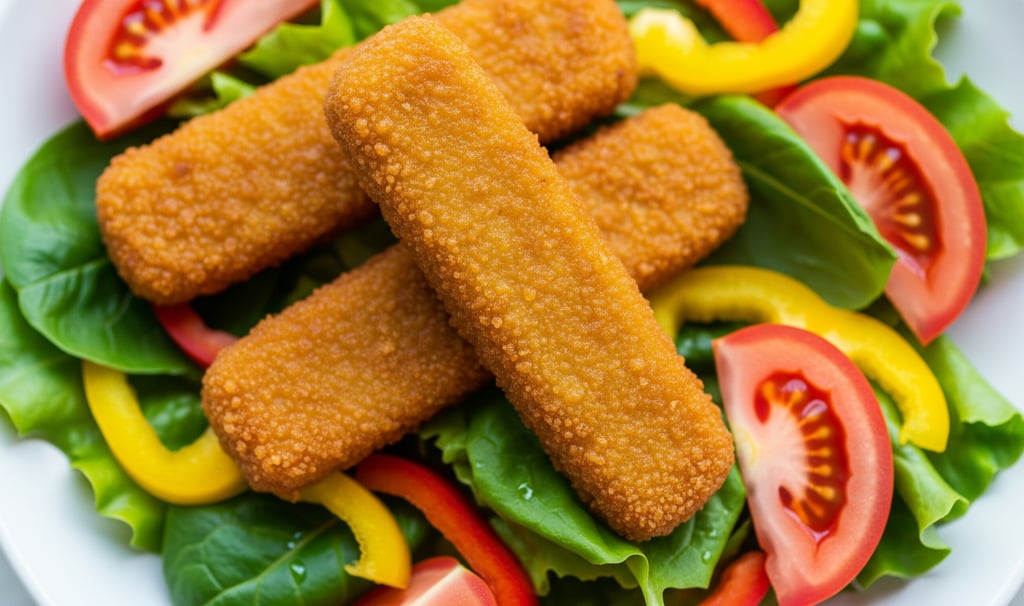 Primer plano de varios palitos de tofu empanizados estilo pescado