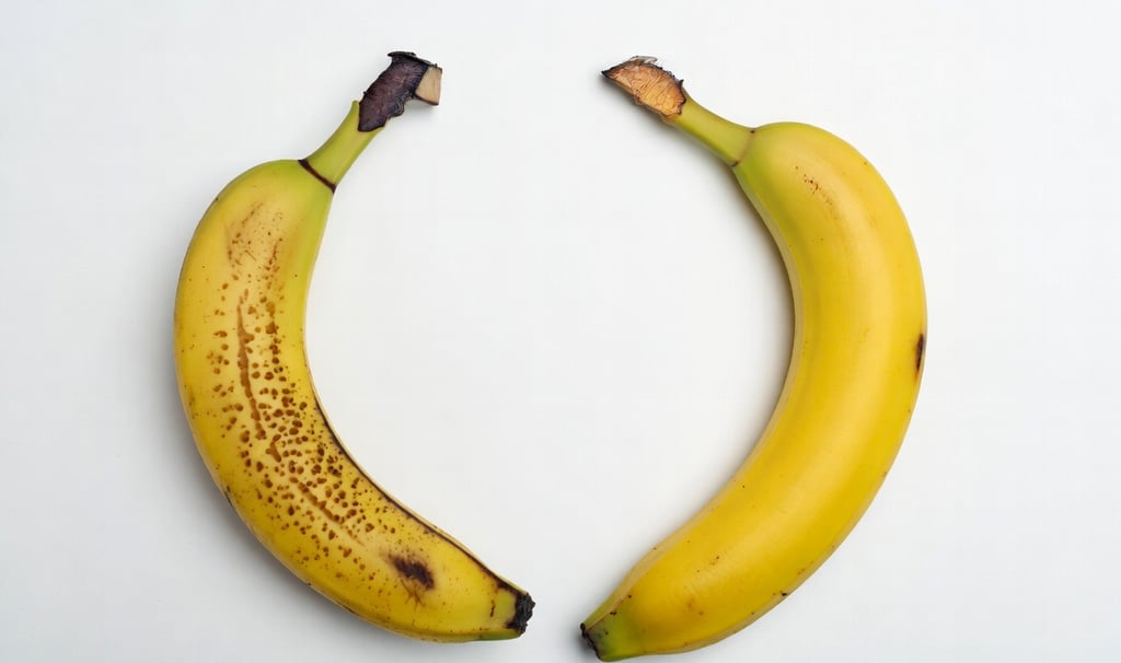 Mano sosteniendo un plátano de Canarias pequeño y curvo con motitas negras, al lado de una banana grande, recta y pálida