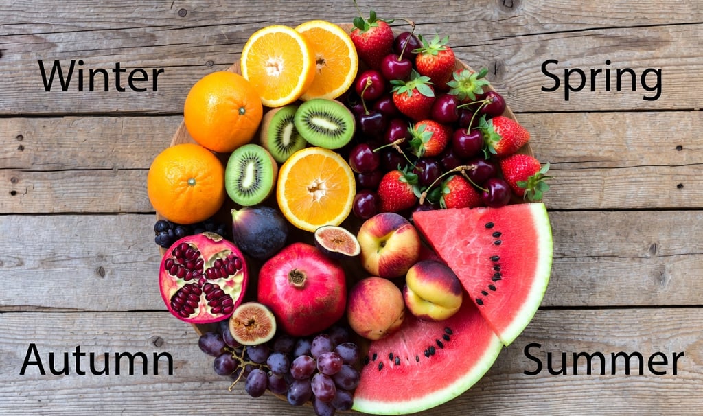 Bodegón artístico dividido en cuatro sectores representando las frutas de primavera, verano, otoño e invierno