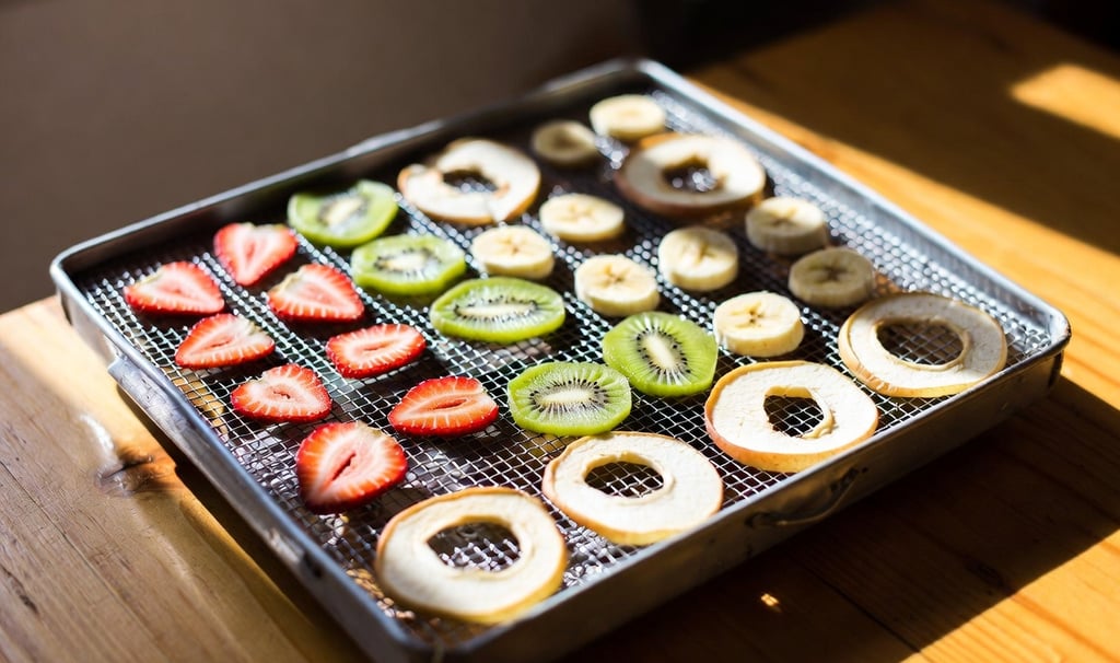 Bandeja de rejilla llena de rodajas de manzana, kiwi, plátano y fresas deshidratadas con colores vivos sobre una mesa