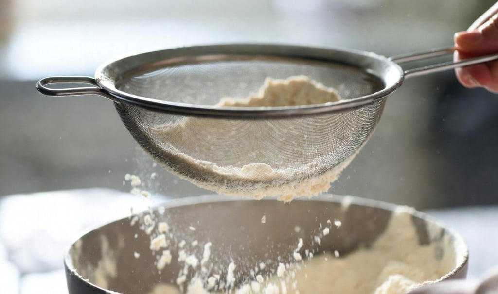 Manos tamizando harina de almendra sobre un bol grande, separando el polvo fino de los trozos grandes de almendra