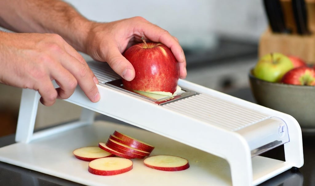 Acción de cortar una manzana con una mandolina de cocina para obtener rodajas perfectas y finas