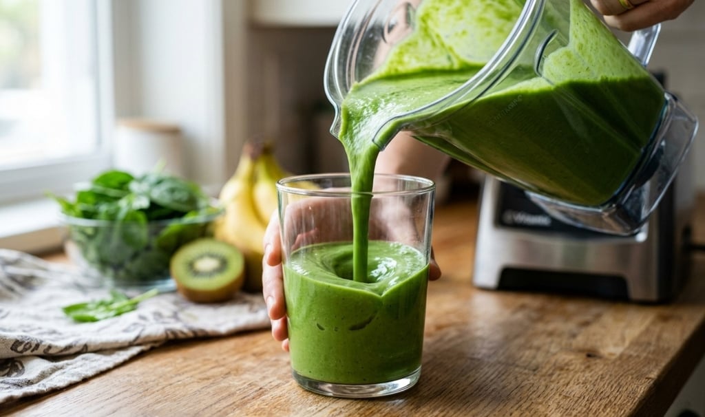Acción de servir un batido verde desde la jarra al vaso, mostrando una textura perfectamente lisa y sedosa