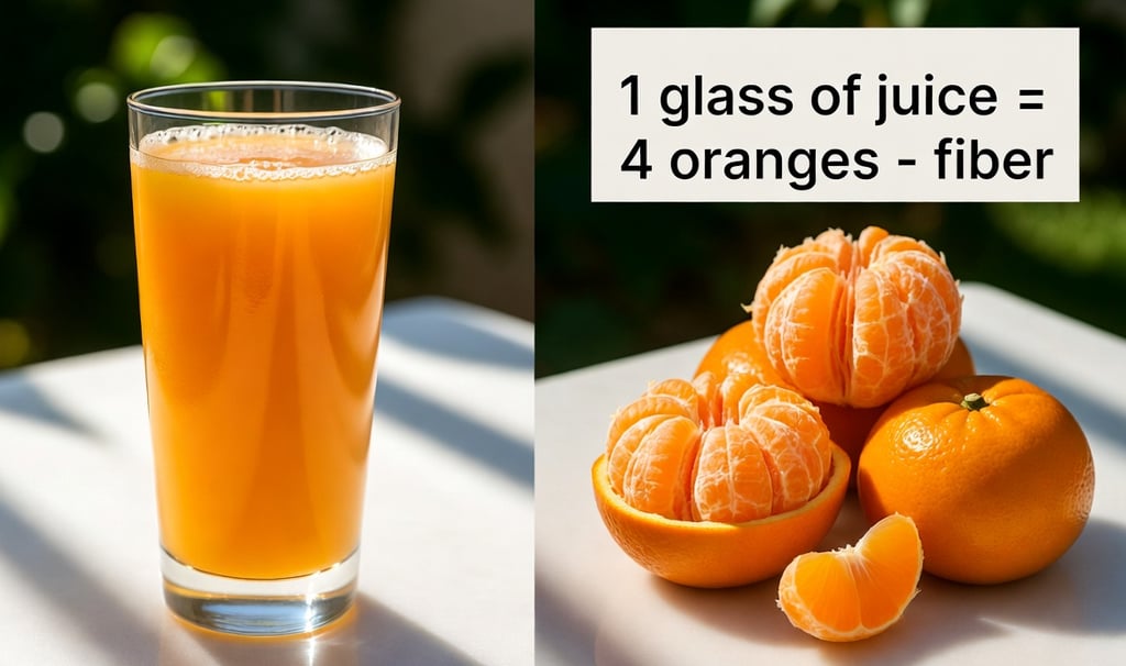 Vaso de zumo de naranja al lado de 4 naranjas enteras (la cantidad necesaria para llenar el vaso),