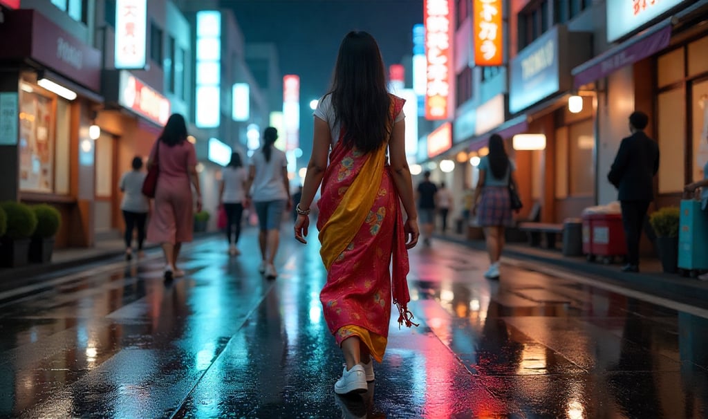 a woman walking down a city street in the rain