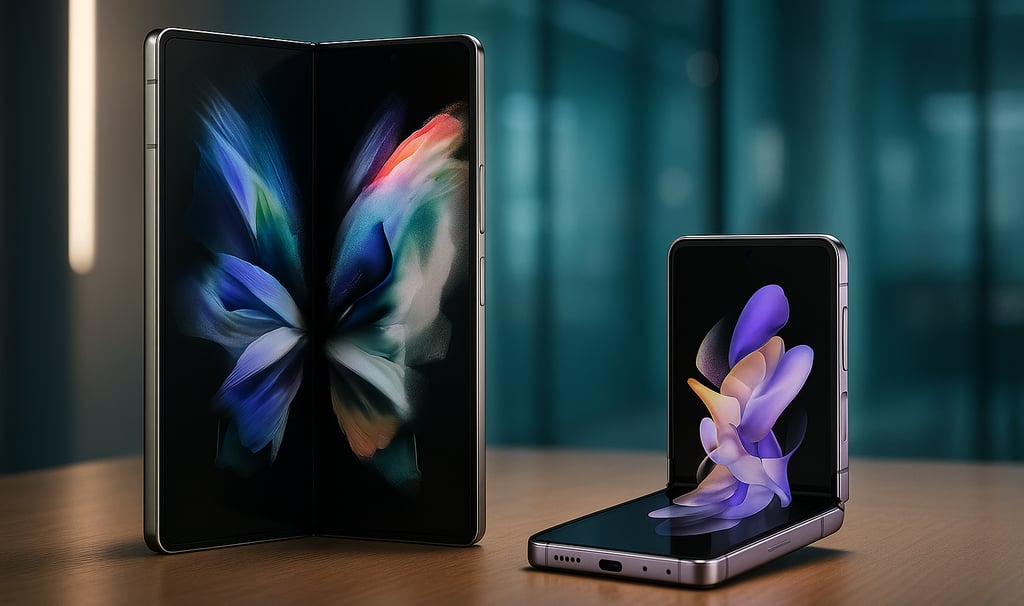 Imagem realista dos smartphones Samsung Galaxy Z Fold7 e Z Flip7 exibidos sobre uma mesa de madeira,