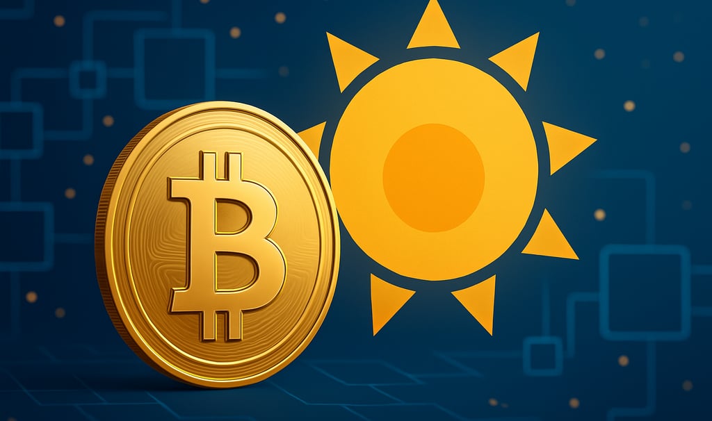  Ilustração digital de alta resolução mostrando uma moeda de Bitcoin dourada à esquerda e um sol est