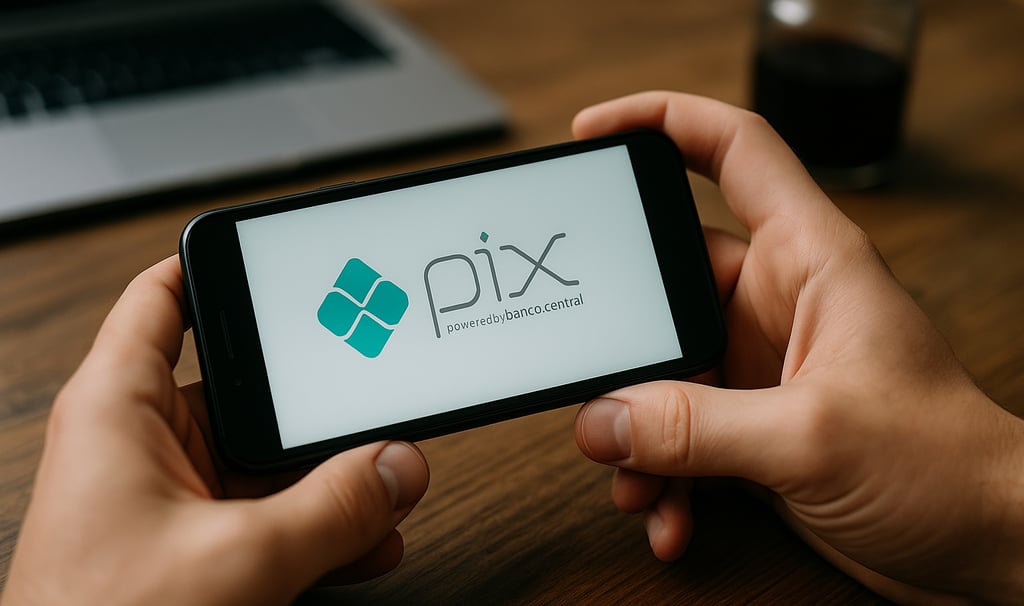 Pessoa segurando um smartphone que exibe a logo do Pix na tela, com fundo desfocado mostrando uma me