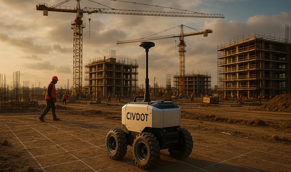 Robô topógrafo CivDot em primeiro plano em um canteiro de obras durante o pôr do sol, com linhas dem