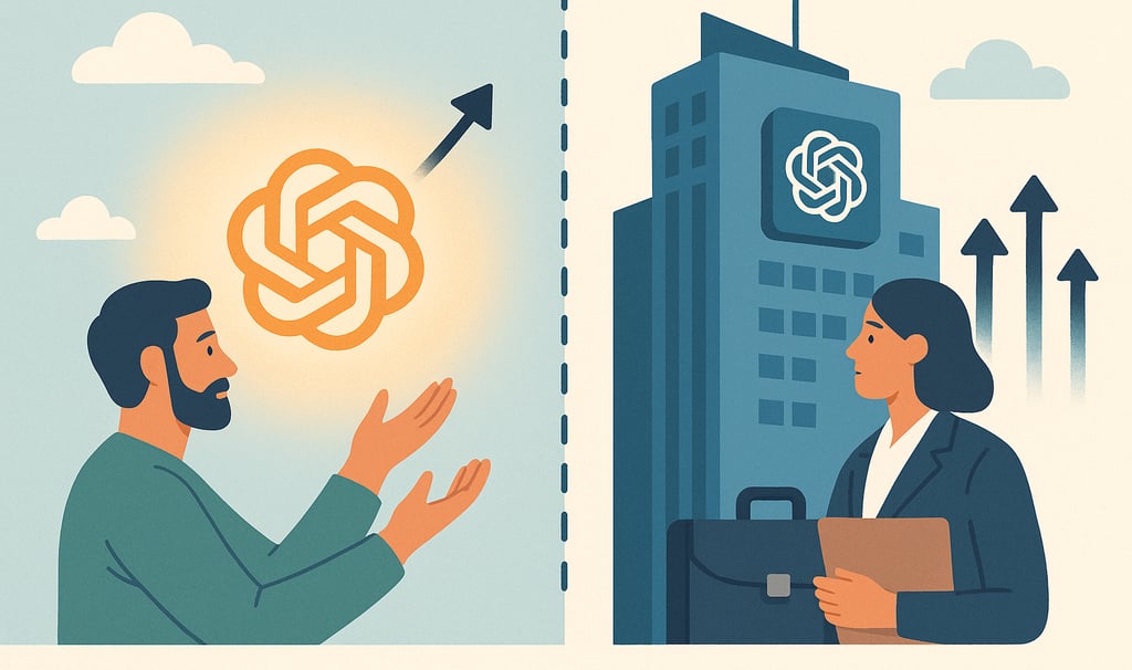 Ilustração dividida que representa a evolução da OpenAI: à esquerda, um homem observa um símbolo bri