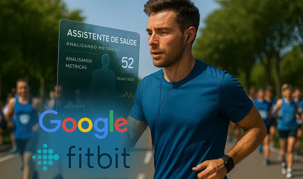 Corredor visualizando métricas de saúde em realidade aumentada.