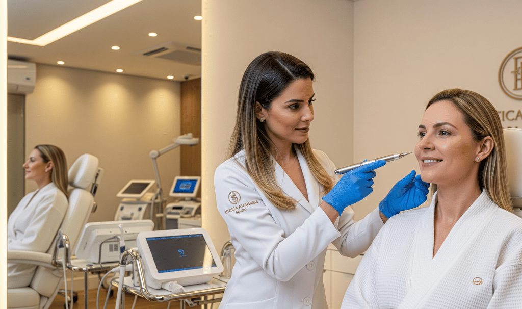 Profissional de estética avançada fazendo avaliação facial em cliente no salão We Hall Beauty em Bauru.