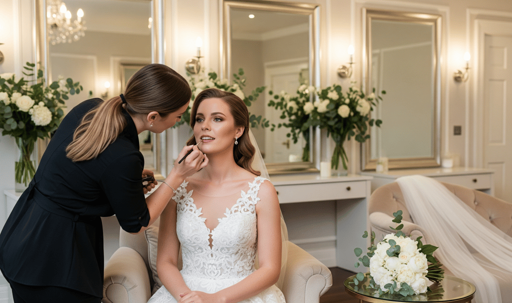 Noiva relaxando em suíte de luxo em salão de beleza no dia do casamento em Bauru.