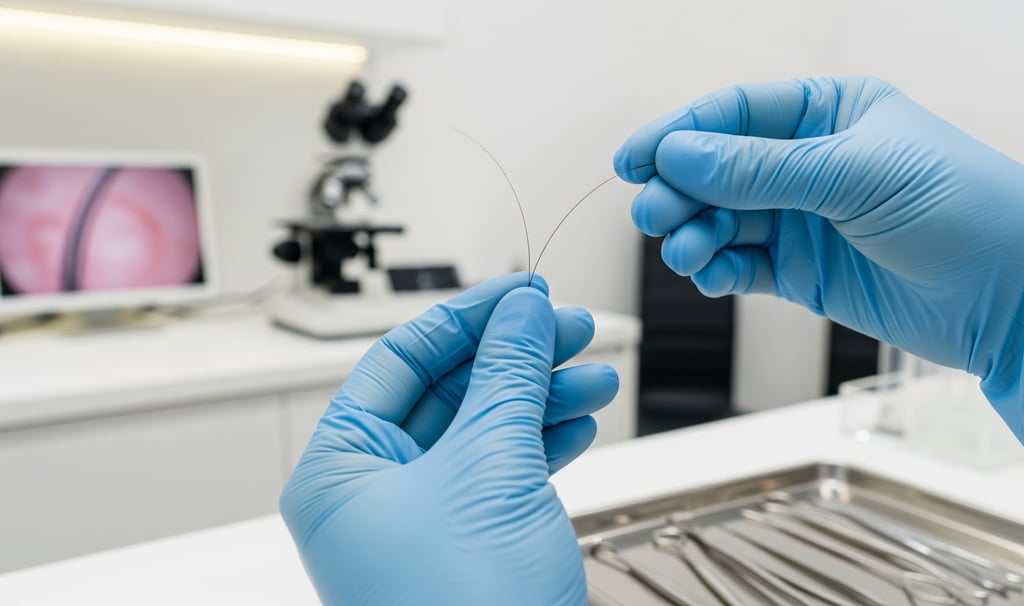 Tricologista profissional examinando fio de cabelo para diagnóstico no salão We Hall Beauty em Bauru.