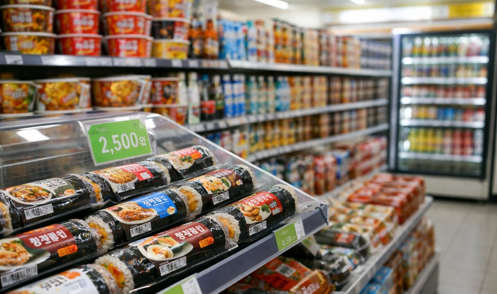 Korean convenience store culture kimbap and instant noodle section inside store