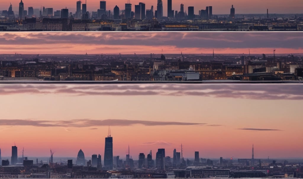 Panoramic skylines of London, Manchester, and Glasgow from top to bottom.