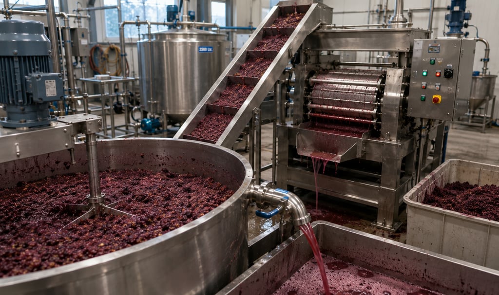 Industrial fruit mash pressing line for juice extraction and pomace recovery.