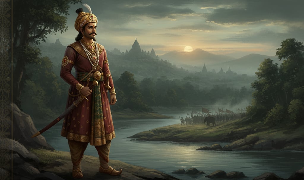 Maharaja Prithu, the medieval king of Assam, standing in royal attire