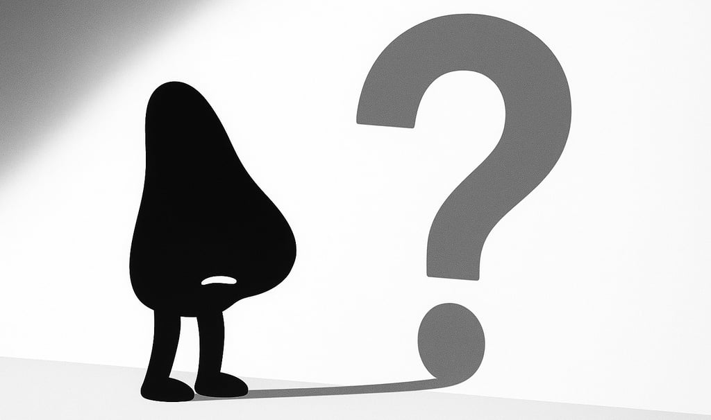 Cartoon nose with legs casting a shadow shaped like a question mark on a white background.